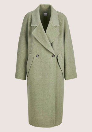 Double-breasted, long sage green wool coat with wide lapels, two buttons, and flap pockets, designed for cold weather.
