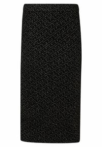 Gonna nera a matita con un motivo tessurizzato e rifiniture metalliche. Ha una silhouette aderente e una finitura liscia.