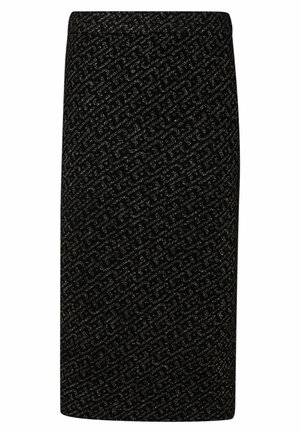 Gonna nera a matita con un motivo tessurizzato e rifiniture metalliche. Ha una silhouette aderente e una finitura liscia.