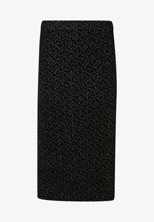 Gonna nera a matita con un motivo tessurizzato e rifiniture metalliche. Ha una silhouette aderente e una finitura liscia.