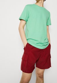 Světle zelené bavlněné tričko spárované s červenými cargo šortkami, které mají více kapes a strukturovanou tkaninu. Ležérní, pohodlný střih.