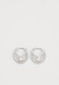 Silver hoop earrings with a textured, layered design. Accented with a central white pearl and sparkling rectangular stones.