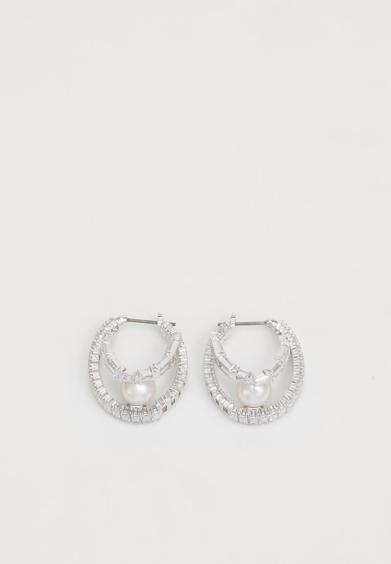 Silver hoop earrings with a textured, layered design. Accented with a central white pearl and sparkling rectangular stones.