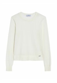 Jasny kremowy sweter wykonany z miękkiego materiału, z okrągłym dekoltem, długimi rękawami, ściągaczami przy mankietach oraz małą metką z logo na dole.