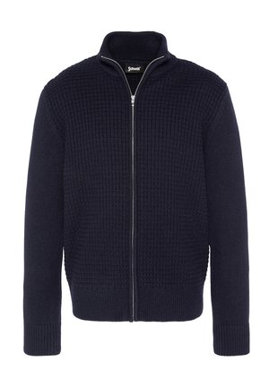 Marineblauer Reißverschluss-Pullover mit strukturiertem Strickdesign, gerippten Bündchen und Stehkragen. Mit einem glatten Reißverschluss auf der Vorderseite.