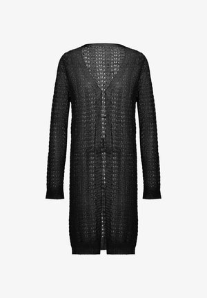 Sort strikket cardigan med lange ærmer og V-udskæring, der har en løs pasform og åben front. Tekstureret mønster overalt.