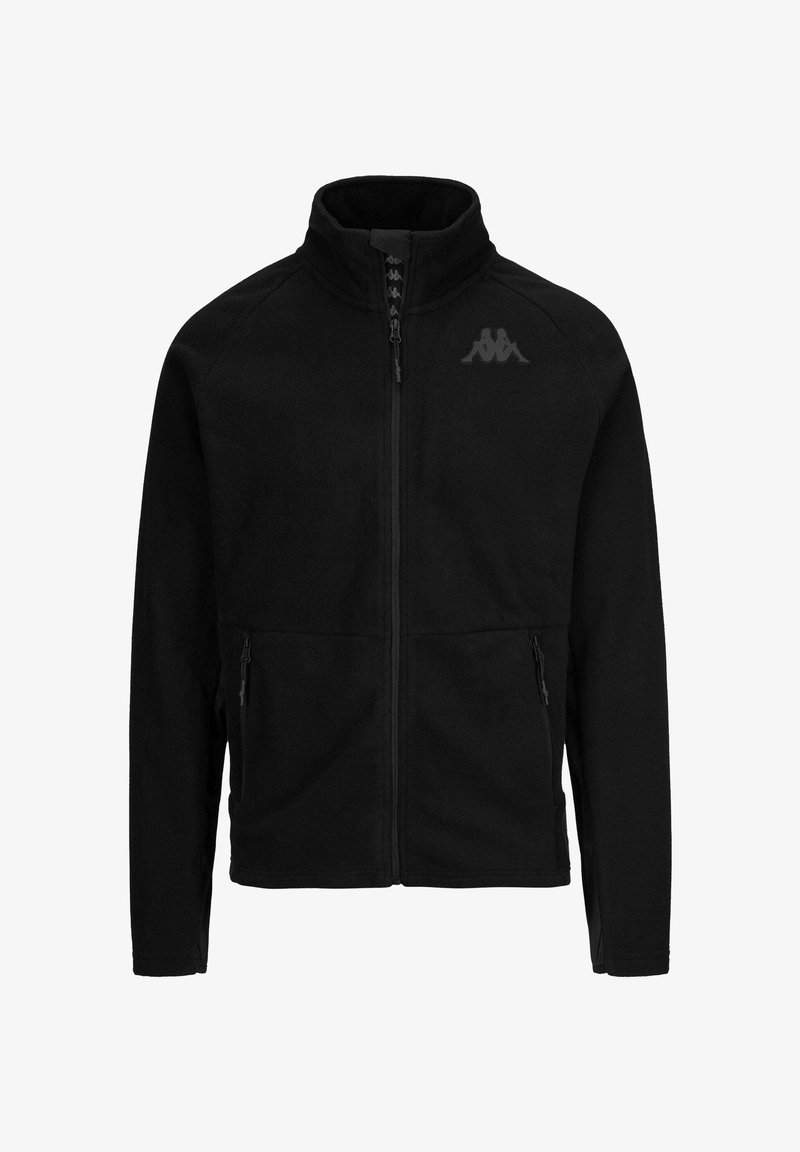 Giacca in pile nera con colletto alto, due tasche laterali con zip e un logo discreto sul petto. Texture morbida e design a vestibilità regolare.