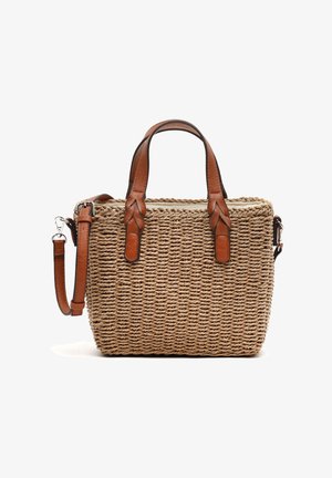 Austa pintinė iš šiaudų su rudos odos rankenomis ir reguliuojamu peties diržu. Yra tekstūruotas paviršius ir erdvi vidinė dalis su šviesiu pamušalu.