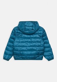 Tyrkisblå quiltet pufferjakke med hætte, lange ærmer og vandret syninger, vist fra bagsiden på en hvid baggrund.