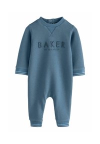 Modrý overal s textúrou vafle, dlhými rukávmi, rebrovanými manžetami a okrúhlym výstrihom. Na prednej strane je vyrazené slovo "BAKER".