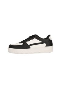 Sort og hvid atletisk sneakers med en glat l�æderlignende overdel, rund tå, snørebånd foran og struktureret gummisål.