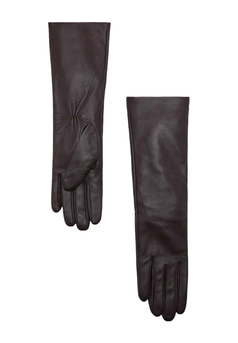 Guantes de cuero marrón con un diseño largo y un acento fruncido en la muñeca, ajuste elegante y cobertura de cinco dedos. Textura suave.