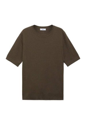 T-shirt a maniche corte in verde oliva scuro a costine con scollatura rotonda. Texture morbida con un taglio rilassato e senza dettagli prominenti.