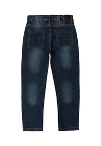 Jeans in denim blu scuro con una finitura leggermente sbiadita, cinque tasche e cuciture arancioni. Presentano una toppa in pelle sulla vita.