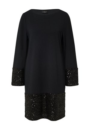 Zwarte jurk met driekwart mouwen, met paillettenaccenten op de mouwen en de zoom. Glad materiaal, relaxte pasvorm, bateau halslijn.