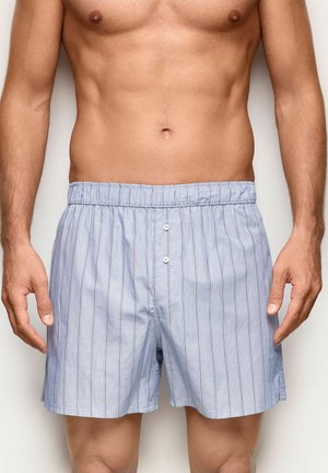 Hombre con bóxers de rayas verticales en azul claro y blanco, con cintura elástica y bragueta con botones, de pie frente a un fondo liso.