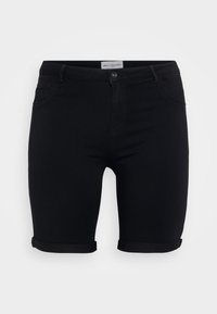 Mustat denimshortsit, joissa on istuva malli, käännetyt lahkeet ja klassinen viiden taskun tyyli. Keskikorkea vyötärö ja napilla suljettava edusta.