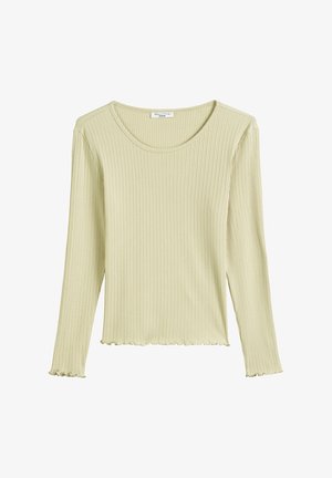 Hellgrünes Langarmoberteil mit gerippter Textur, rundem Halsausschnitt und ausgefransten Kanten an den Bündchen und dem Saum.