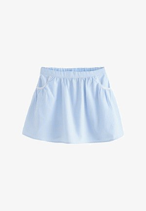Hellblau karierten Rock mit elastischem Bund, zwei Seitentaschen und geraffter Textur. Aus Baumwollstoff, knielang.