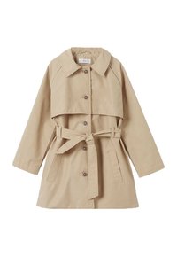 Beżowy płaszcz trenczowy wykonany z lekkiego materiału, z zapięciem na guziki, paskiem w talii i dwoma bocznymi kieszeniami. Klasyczny design kołnierza.