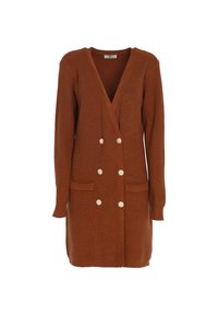 Larga chaqueta de punto color óxido con un profundo escote en V, botones de doble botonadura y dos bolsillos frontales para un detalle adicional.