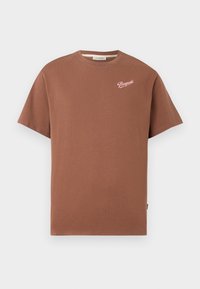 Brown short-sleeve crewneck t-shirt with "Pompeii" logo in white script on the upper left chest.