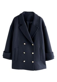 Donkerblauwe dubbelgeknoopte jas van een wolmix met ingesneden kraag, goudkleurige knopen, zakken aan de zijkant en brede mouwen. Zachte textuur, getailleerde pasvorm.