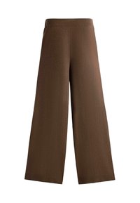 Pantaloni beige a gamba larga realizzati in tessuto testurizzato, caratterizzati da una vita alta elastica e senza tasche visibili. Design pulito e semplice.