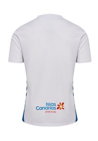 Biała sportowa koszulka wykonana z lekkiego materiału. Posiada niebieskie akcenty po bokach oraz logo "Islas Canarias" z kwiatowym wzorem z tyłu.