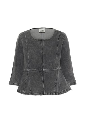 Juoda švelniai nuplikyta džinsinė striukė su trijų ketvirčių rankovėmis, apvalia iškirpte, siūlių detalėmis ir palaidą klostę primenančia apačia.