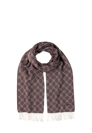 Brown scarf with white circular pattern and fringed edges, loosely folded in a loop.
