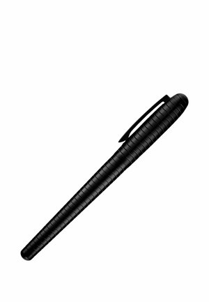 Čierne pero s reliéfnou štruktúrou a sponou na viečku, zobrazené na bielom pozadí.
