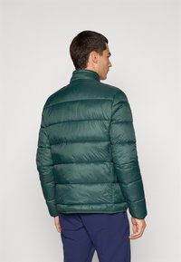 Man facing away wearing a dark green quilted puffer jacket and navy pants against a plain light background.