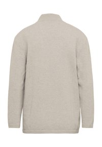 Helle beiges Sweatshirt mit Kragen, langen Ärmeln und gerippten Bündchen. Aus weichem, strukturiertem Stoff gefertigt, mit einem einfachen, einfarbigen Design.
