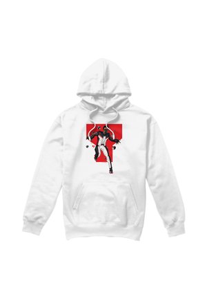 White hoodie with a graphic of a man in a white and black racing suit running, set against a red rectangular background.