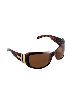 Sonnenbrille im Wraparound-Stil mit Schildpattmuster, braunen Gläsern und goldfarbenen T-förmigen Akzenten an den Bügeln.