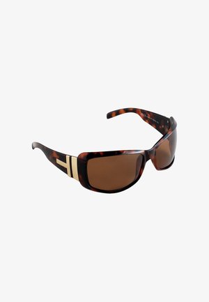 Sonnenbrille im Wraparound-Stil mit Schildpattmuster, braunen Gläsern und goldfarbenen T-förmigen Akzenten an den Bügeln.