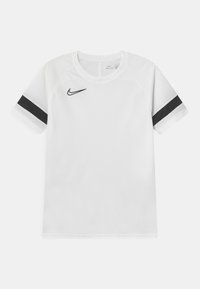 Vit Dri-FIT t-shirt med korta raglanärmar. Har svarta accentlinjer på ärmarna och en liten Nike-logotyp på bröstet.