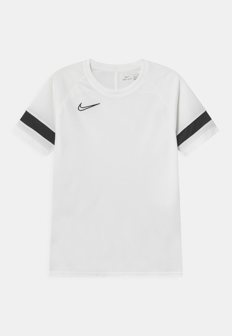 Vit Dri-FIT t-shirt med korta raglanärmar. Har svarta accentlinjer på ärmarna och en liten Nike-logotyp på bröstet.