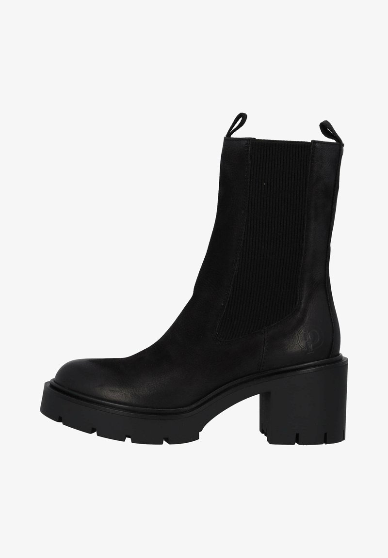 Bottine noire en cuir avec talon épais, panneau latéral côtelé et languettes de tirage à l'avant et à l'arrière de la tige.