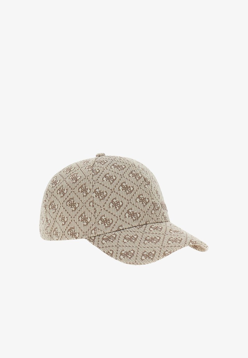 Bež baseball kapa z rjavim ponavljajočim se geometrijskim vzorcem logotipa in ukrivljenim robom.
