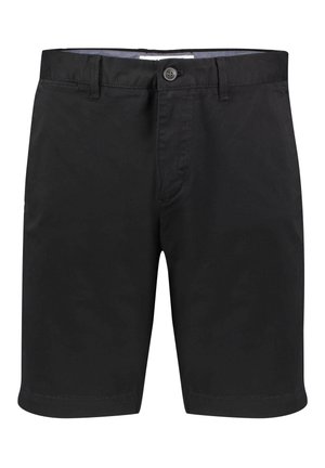 Schwarze knielange Shorts mit Knopf- und Reißverschluss, Gürtelschlaufen und einem sauberen, schlichten Design.
