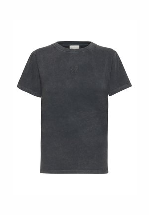 T-shirt à manches courtes gris foncé en tissu doux. Présente un col ras du cou et un logo en relief sur la poitrine. Texture lisse sur toute la surface.