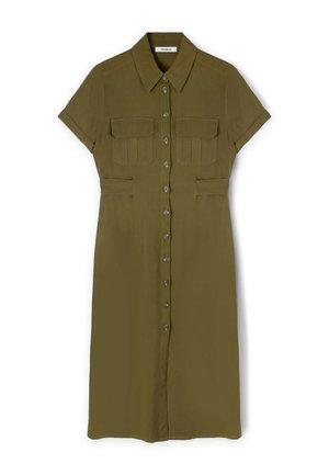 Knee-length olive green shirt dress made of fabric with a smooth texture, featuring short sleeves, two chest pockets, and button front.