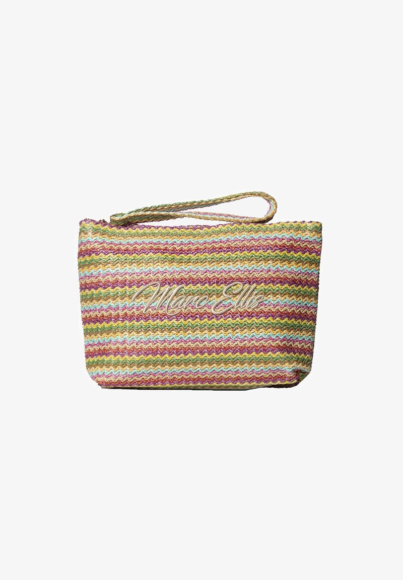 Sac tissé multicolore avec un motif en zigzag, présentant des teintes de rose, vert et jaune. Comprend une poignée tressée et un détail de logo.