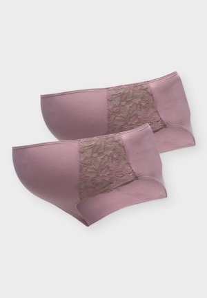 Dos braguitas de talle alto en color malva con paneles de encaje, colocadas parcialmente superpuestas sobre un fondo claro.