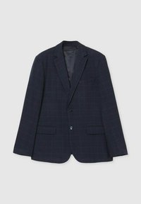 Blazer blu navy con un sottile motivo a quadri, design a bottoni singoli, rever a punta, due tasche frontali e foderato in satin.