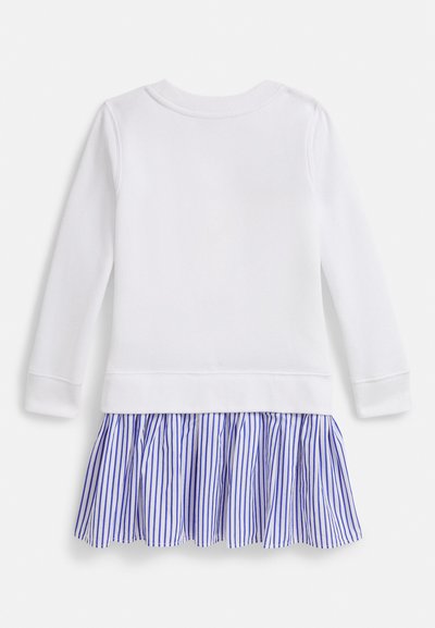 Balta ilgomis rankovėmis palaidinė su apvalia iškirpte, apačioje su mėlynos ir baltos spalvų dryžuota klostuota sijono dalimi. Minkšta medžiaga su elastinėmis rankogalėmis.