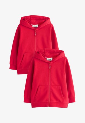 Twee rode sweatshirts met capuchon en rits, voorzakken, geribbelde boorden en Clarks-logo op de rits en het neklabel.