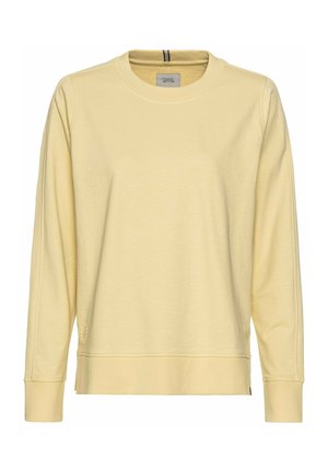 Lichtgele sweatshirt met lange mouwen en een ronde hals, ribgebreide manchetten en een rechte zoom. De stof heeft een zachte, gestructureerde uitstraling.